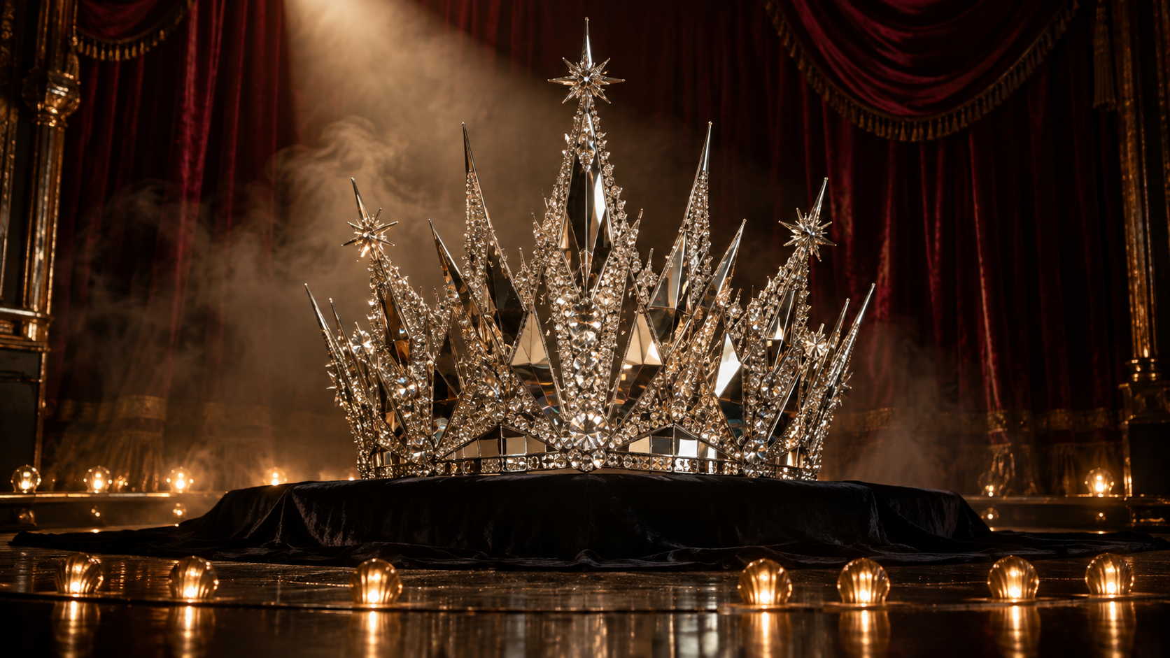 A towering crown of mirror shards and crystals on a black velvet plinth under red stage curtains