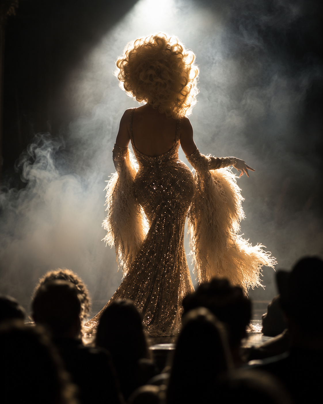 A queen in a sequinned gown and feather sleeves in a spotlight, silhouetted audience in the foreground