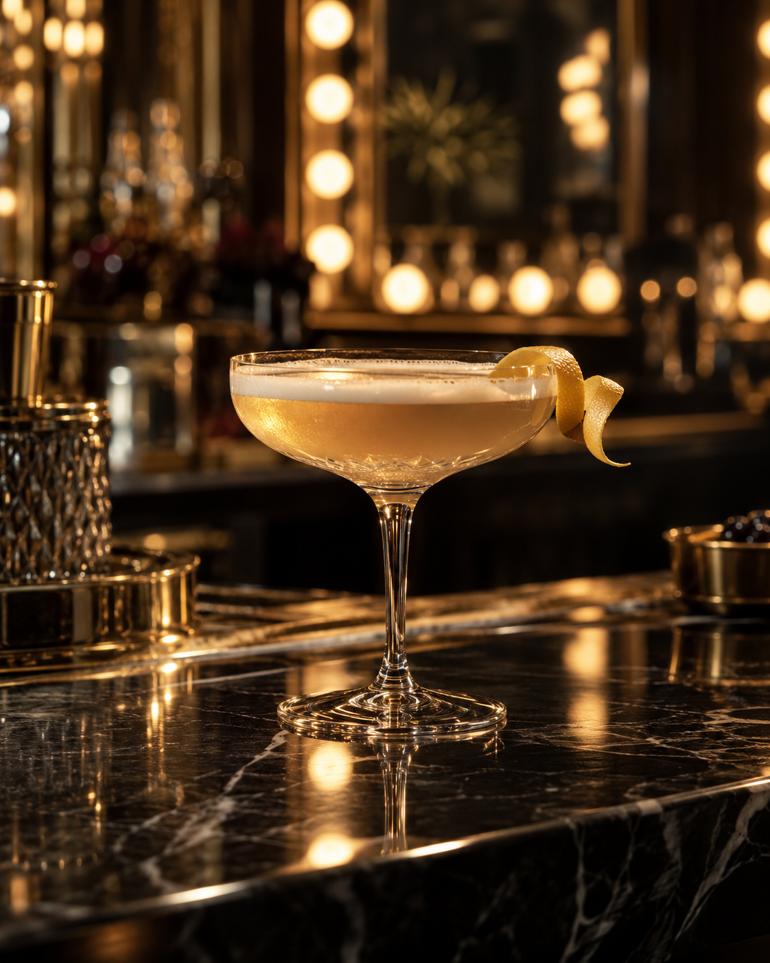 A crystal coupe with a lemon twist on a black marble bar, lit by rows of mirror bulbs