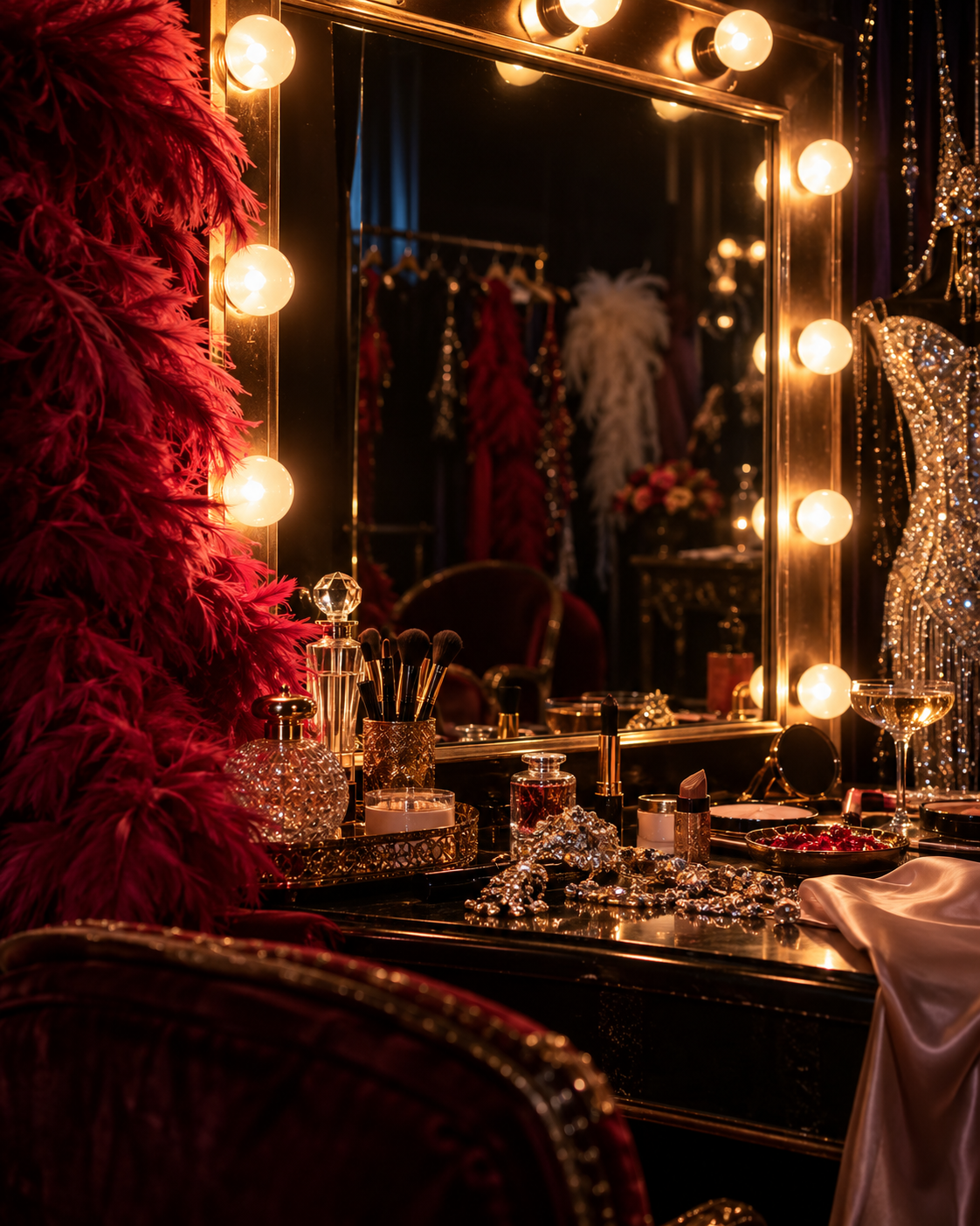 A dressing room mirror ringed with bulbs, a red feather boa, perfume bottles and a sequinned gown on a stand